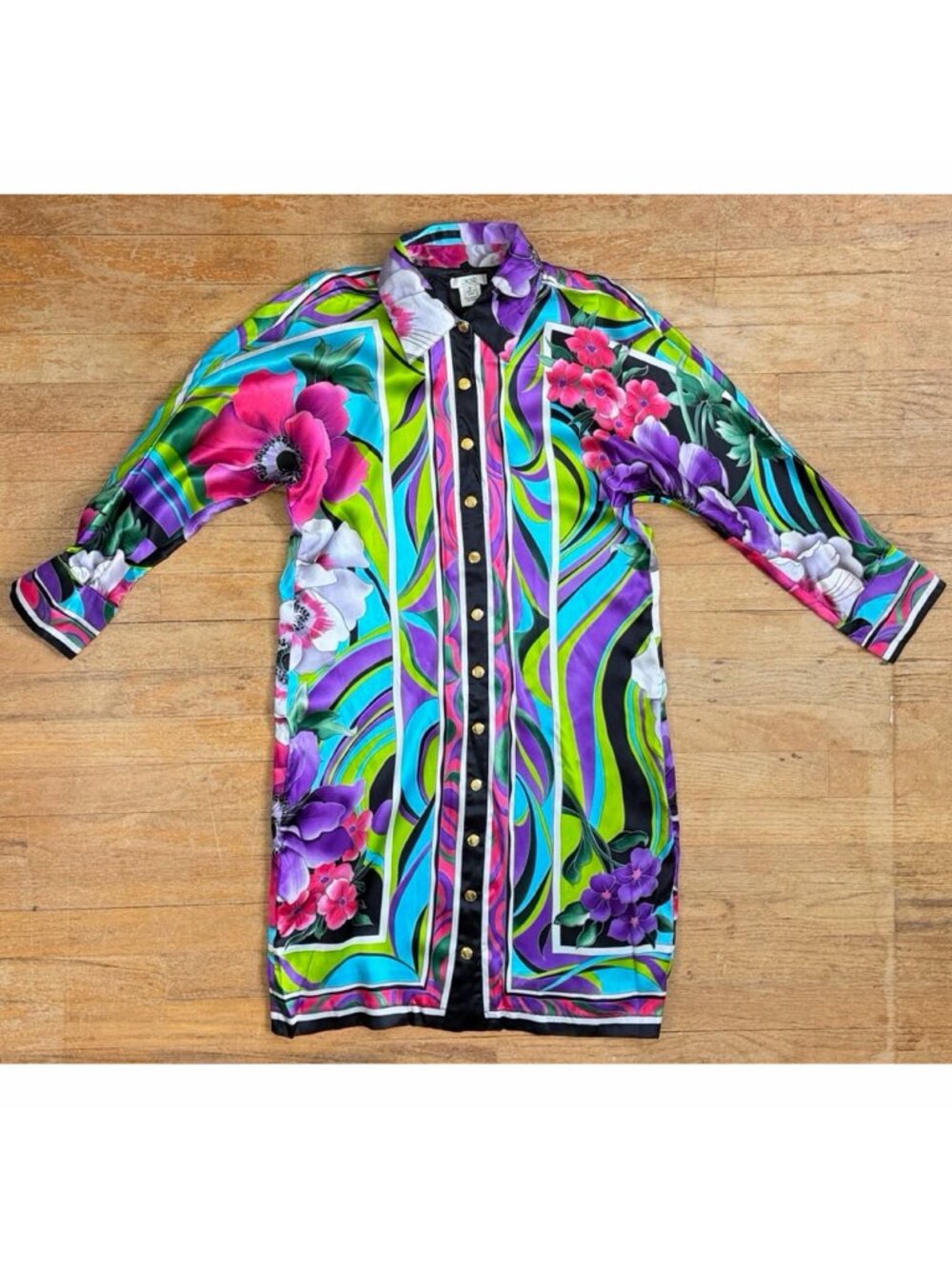 Vintage Stained Glass Print Silk Dress Size Medium 90s Cache Floral Shirtdress
